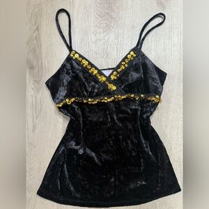 American Vintage Black Velvet Top with Gold Sequins babydoll Y2K halter